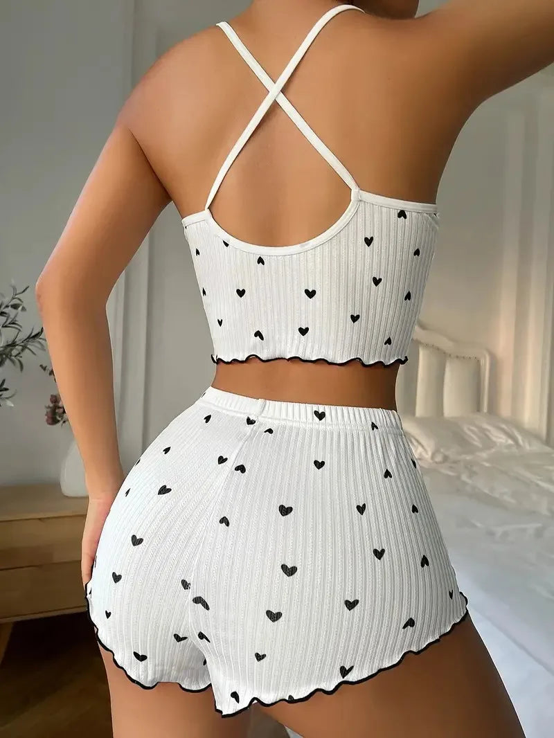 V-Neck Sleeveless Heart Print Women’s Pajama Set