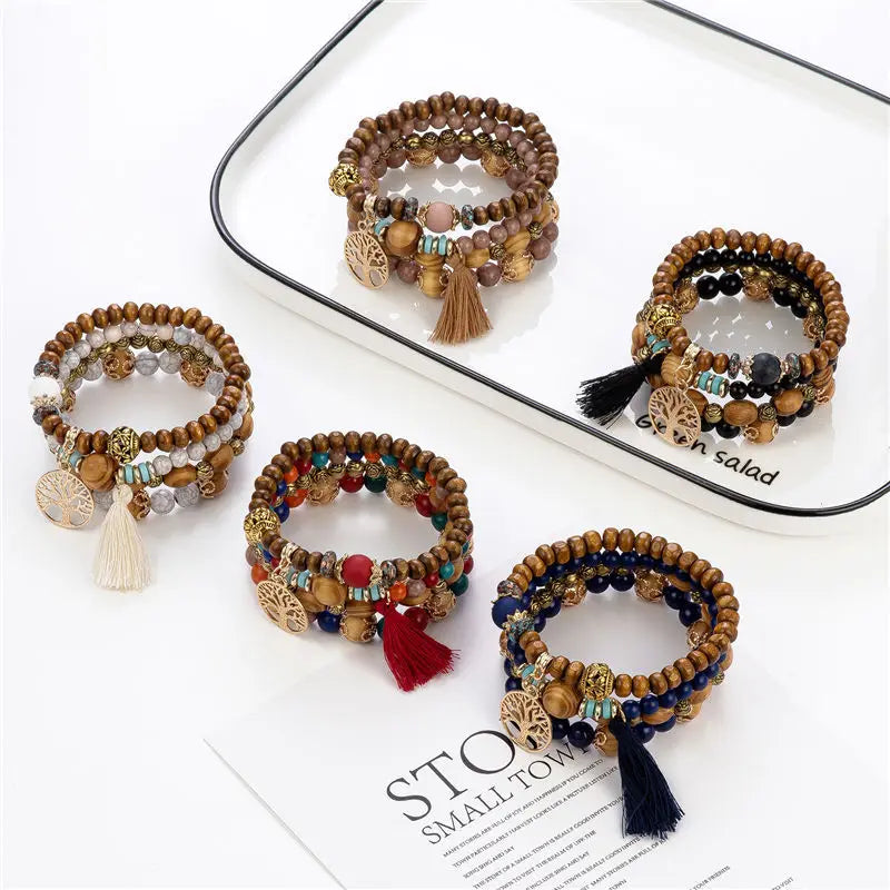 4Pcs Tree of Life Charm Beaded Bracelet Set for Women