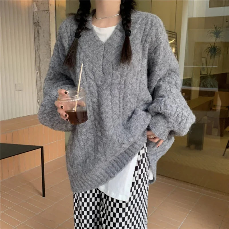 Women’s Loose V-Neck Twisted Knit Sweater