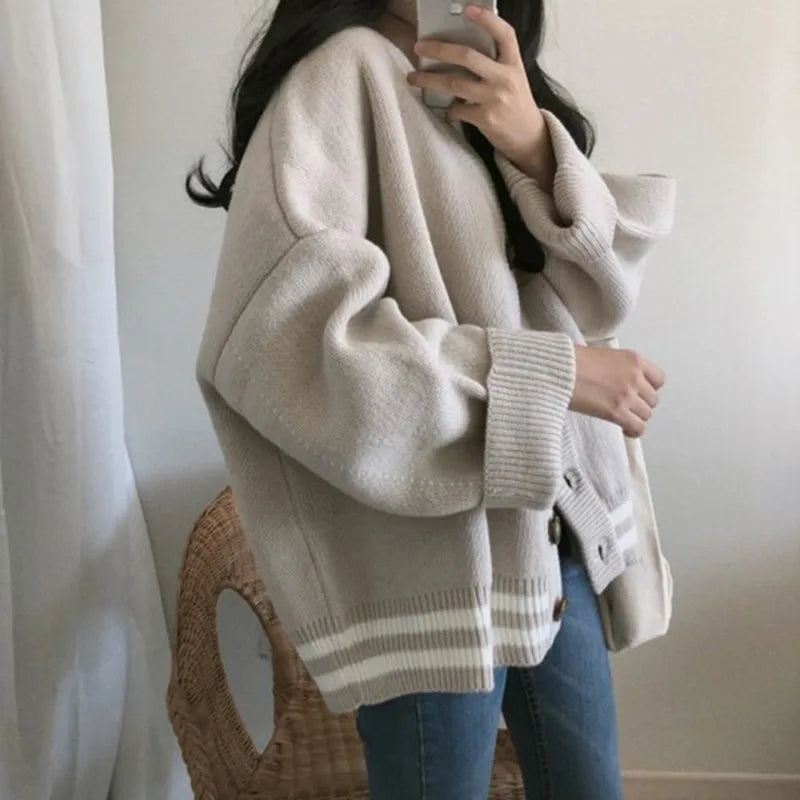 Loose V-Neck Knit Cardigan Button-Up Sweater Jacket