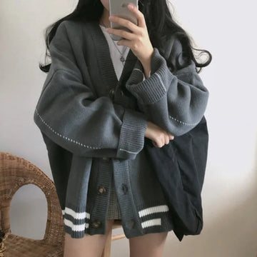 Loose V-Neck Knit Cardigan Button-Up Sweater Jacket